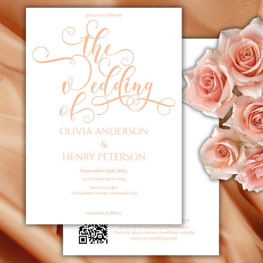 Eleganter QR-Code für weißes Peach Wedding Einladung