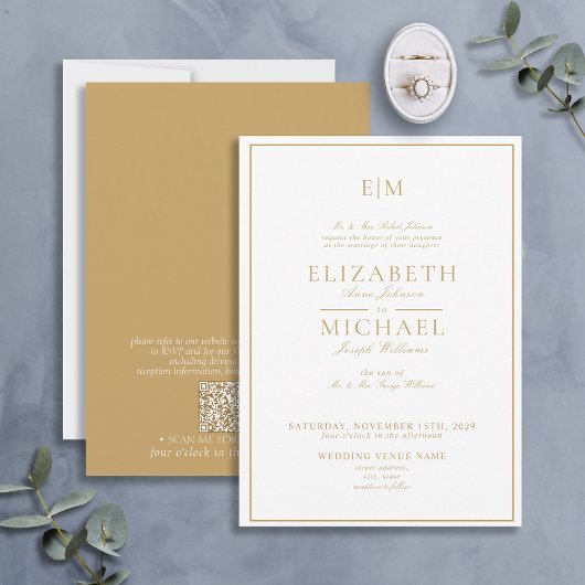 Eleganter QR Code Gold Classic Monogram Wedding Einladung