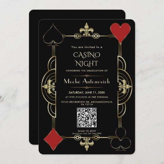 Eleganter QR Code Las Vegas Casino Night Abschluss Einladung (Vorne/Hinten)