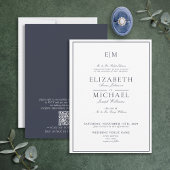 Eleganter QR Code Navy Blue Classic Monogram Weddi Einladung