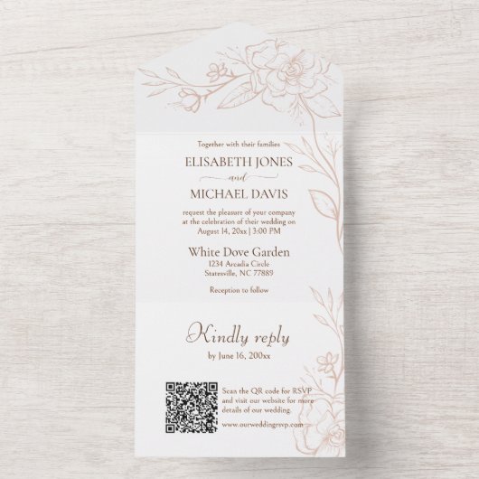 Eleganter QR Code Peach Wedding All In One Einladung (Innen Boden)