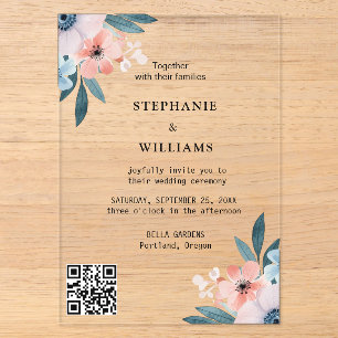 Eleganter Qr-Code Staubblaue Blumenhochzeit Acryleinladungen