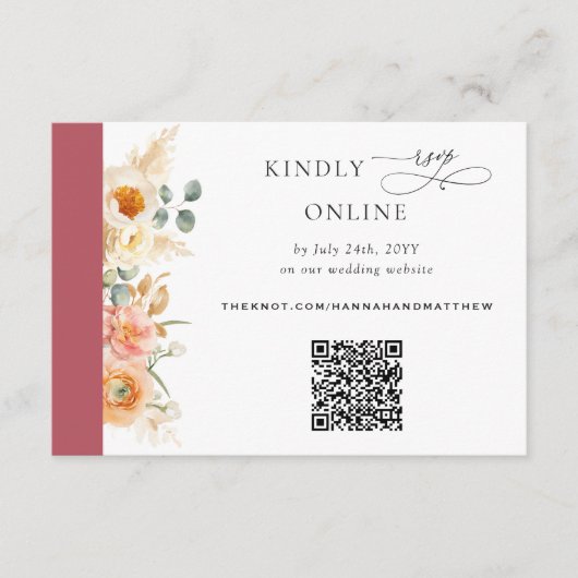 Eleganter QR Code UAWG Peach und Burgundy Wedding Begleitkarte (Vorderseite)