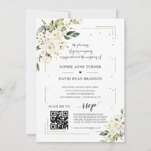 Eleganter QR Code White Blume Goldhochzeit Einladung (Vorderseite)