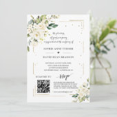Eleganter QR Code White Blume Goldhochzeit Einladung (Stehend Vorderseite)