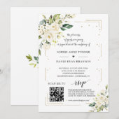 Eleganter QR Code White Blume Goldhochzeit Einladung (Vorne/Hinten)