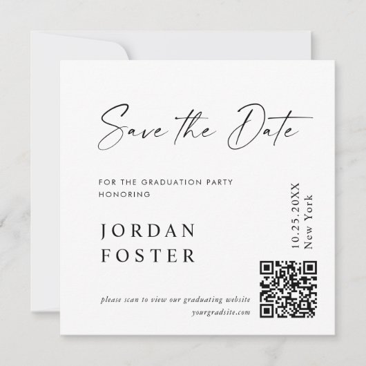 Eleganter QR-Foto für Minimalistischen Abschluss Save The Date (Vorderseite)
