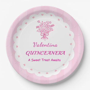 Eleganter Quinceañera-Blumenstrauß   Rosa & Weiß Pappteller