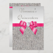 Eleganter Quinceñera Silver Sequins Hot Pink Bow Einladung (Vorne/Hinten)