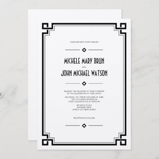 Eleganter Rahmen Art Deco Hochzeit Einladung (Vorne/Hinten)