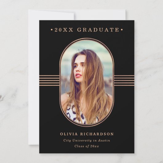 Eleganter Rahmen | Black Rose Gold Foto Abschluss Ankündigung (Vorderseite)