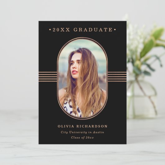 Eleganter Rahmen | Black Rose Gold Foto Abschluss Ankündigung (Stehend Vorderseite)