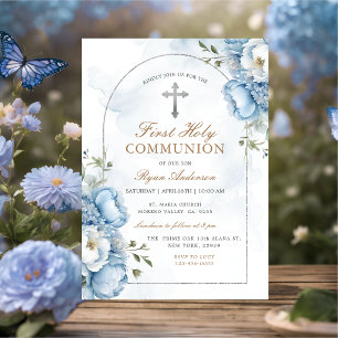 Eleganter Rahmen Blaues Blumenmuster Erste Heilige Einladung