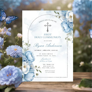 Eleganter Rahmen Blaues Blumenmuster Erste Heilige Einladung