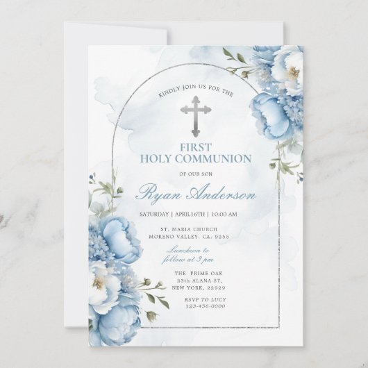 Eleganter Rahmen Blaues Blumenmuster Erste Heilige Einladung (Vorderseite)