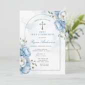 Eleganter Rahmen Blaues Blumenmuster Erste Heilige Einladung (Stehend Vorderseite)