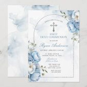 Eleganter Rahmen Blaues Blumenmuster Erste Heilige Einladung (Vorne/Hinten)