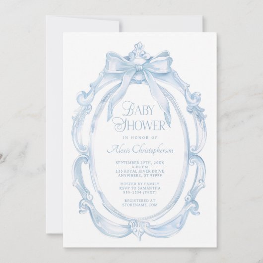 Eleganter Rahmen + Blue Bow Baby Shower Einladung (Vorderseite)