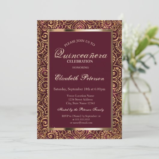 Eleganter Rahmen Confetti Gold Mandala Quinceñera Einladung (Stehend Vorderseite)