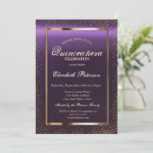 Eleganter Rahmen Confetti Lila Quinceñera Einladung (Stehend Vorderseite)