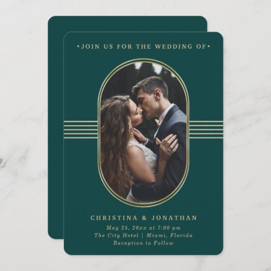 Eleganter Rahmen | Hochzeit von Grün- und Gold-Fot Einladung (Vorne/Hinten)