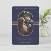 Eleganter Rahmen | Hochzeit von Navy und Rose Gold Einladung (Stehend Vorderseite)