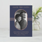 Eleganter Rahmen | Navy Blue und Rose Gold mit Fot Save The Date (Stehend Vorderseite)