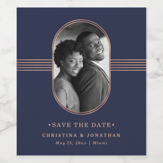 Eleganter Rahmen | Navy Rose Gold Foto Save the Da Weinetikett (Einzelnes Label)