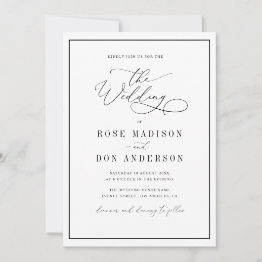 Eleganter Rahmen Schwarz-Weiß-Hochzeit Einladung (Vorderseite)