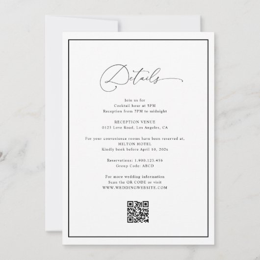 Eleganter Rahmen Schwarz-Weiß-Hochzeit Einladung (Rückseite)