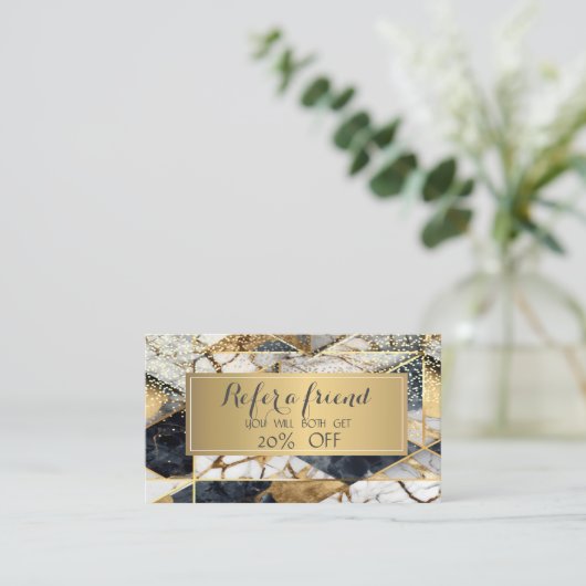 Eleganter Rahmen Schwarze Geometrische Marmor Empfehlungskarte (Stehend Vorderseite)