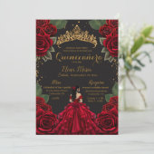Eleganter Red Black Quinceñera Rose Gold Glitzer Einladung (Stehend Vorderseite)
