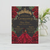 Eleganter Red Black Quinceñera Rose Gold Glitzer Einladung (Stehend Vorderseite)