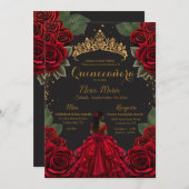 Eleganter Red Black Quinceñera Rose Gold Glitzer Einladung (Vorne/Hinten)