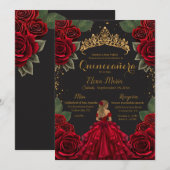 Eleganter Red Black Quinceñera Rose Gold Glitzer Einladung (Vorne/Hinten)