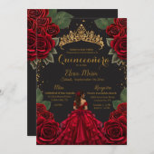 Eleganter Red Black Quinceñera Rose Gold Glitzer Einladung (Vorne/Hinten)