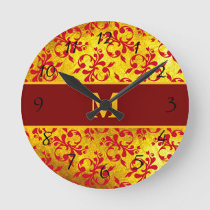 Eleganter Red Damask und Gold Texture Clock Runde Wanduhr