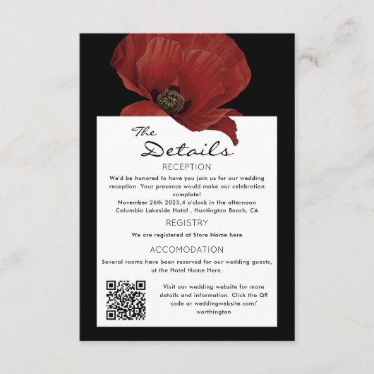 Eleganter Red Floral QR Code Wedding Guest Details Begleitkarte (Vorderseite)
