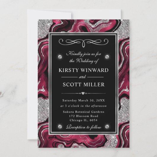 Eleganter Red Foil & Silver Glitzer Agate Wedding Einladung (Vorderseite)