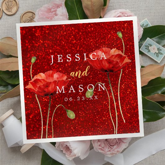 Eleganter Red Glitzer Flowey Wedding Cocktail Serviette