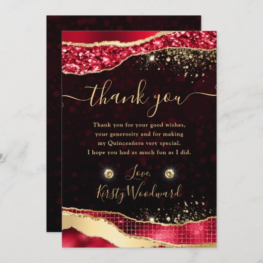 Eleganter Red & Gold Glitzer Glam Tears Quinceaner Dankeskarte (Vorne/Hinten)