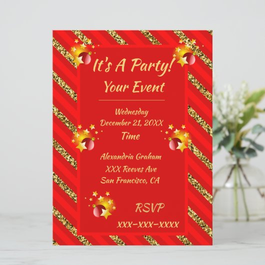 Eleganter Red & Gold Glitzer Stripes Party Einladung (Stehend Vorderseite)
