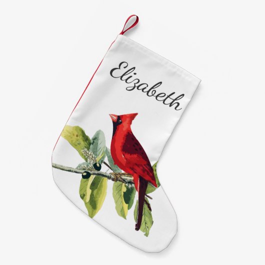 Eleganter Red Kardinal Bird & Name in Script Kleiner Weihnachtsstrumpf (Vorderansicht (hängend))