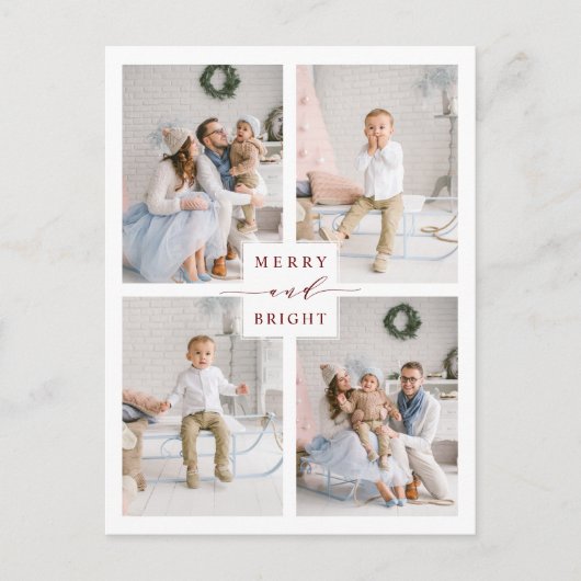 Eleganter Red Merry & Bright 4 Foto Holiday Postkarte (Vorderseite)