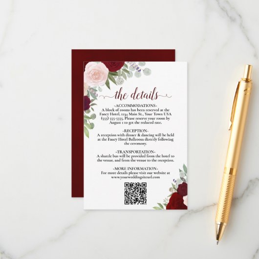 Eleganter Red & Pink Roses Wedding Details QR Code Begleitkarte (Vorderseite/Rückseite Beispiel)