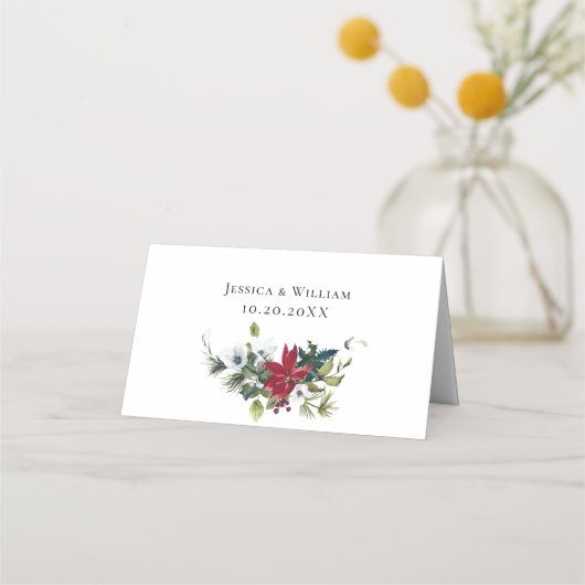 Eleganter Red Poinsettia Weihnachtstisch Platzkarte (Rückseite)