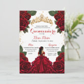 Eleganter Red Quinceañera Rose Gold Glitzer Einladung (Stehend Vorderseite)