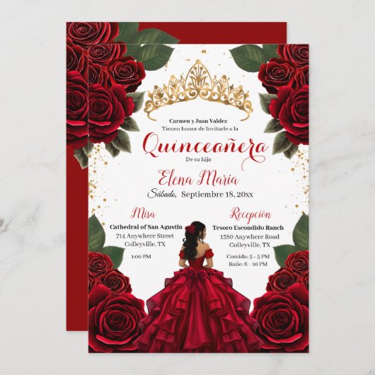 Eleganter Red Quinceañera Rose Gold Glitzer Einladung (Vorne/Hinten)
