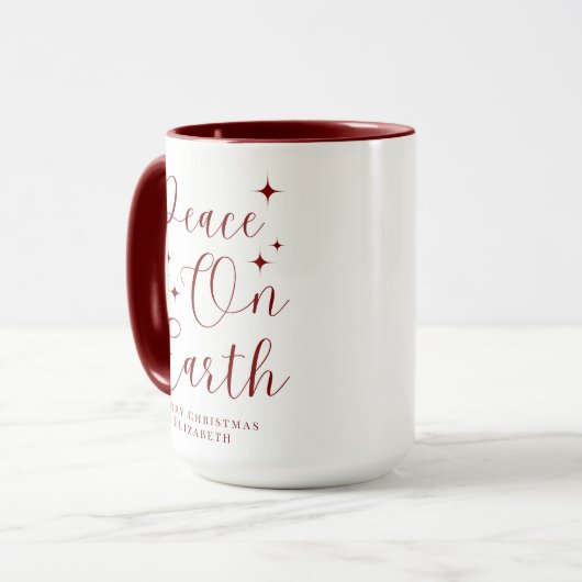 Eleganter Red Script Weltfrieden Frohe Weihnachten Tasse (Vorderseite Links)