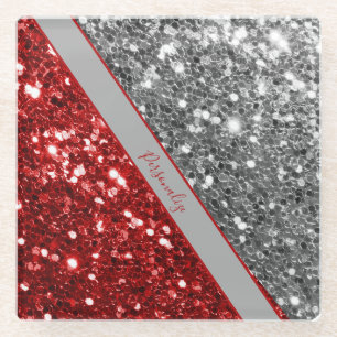 Eleganter Red Silver Glitzer Sequins Sparkle Glam Glasuntersetzer